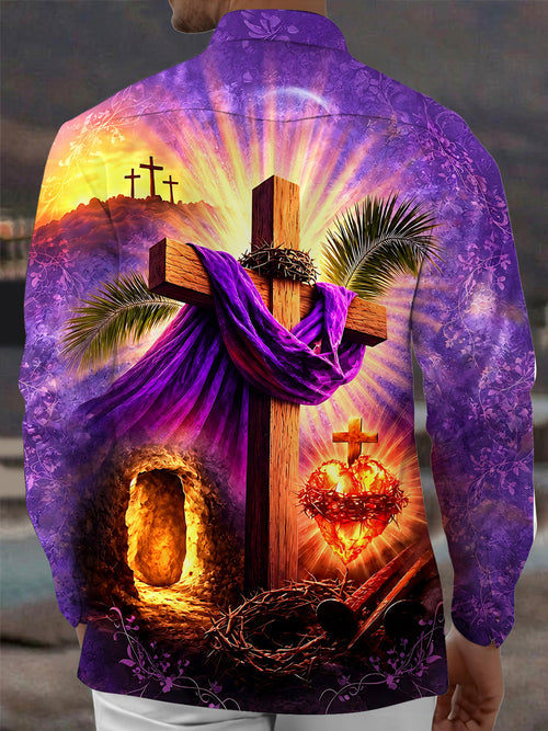 Oceanlyte Men's Long Sleeve Shirt - Easter Christian Resurrection Scene With Cross And Empty Tomb Print with Chest Pocket