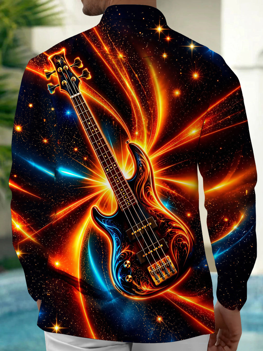 Oceanlyte Men's Neon Bass Guitar With Cosmic Background Print Long Sleeve Shirt with Chest Pocket