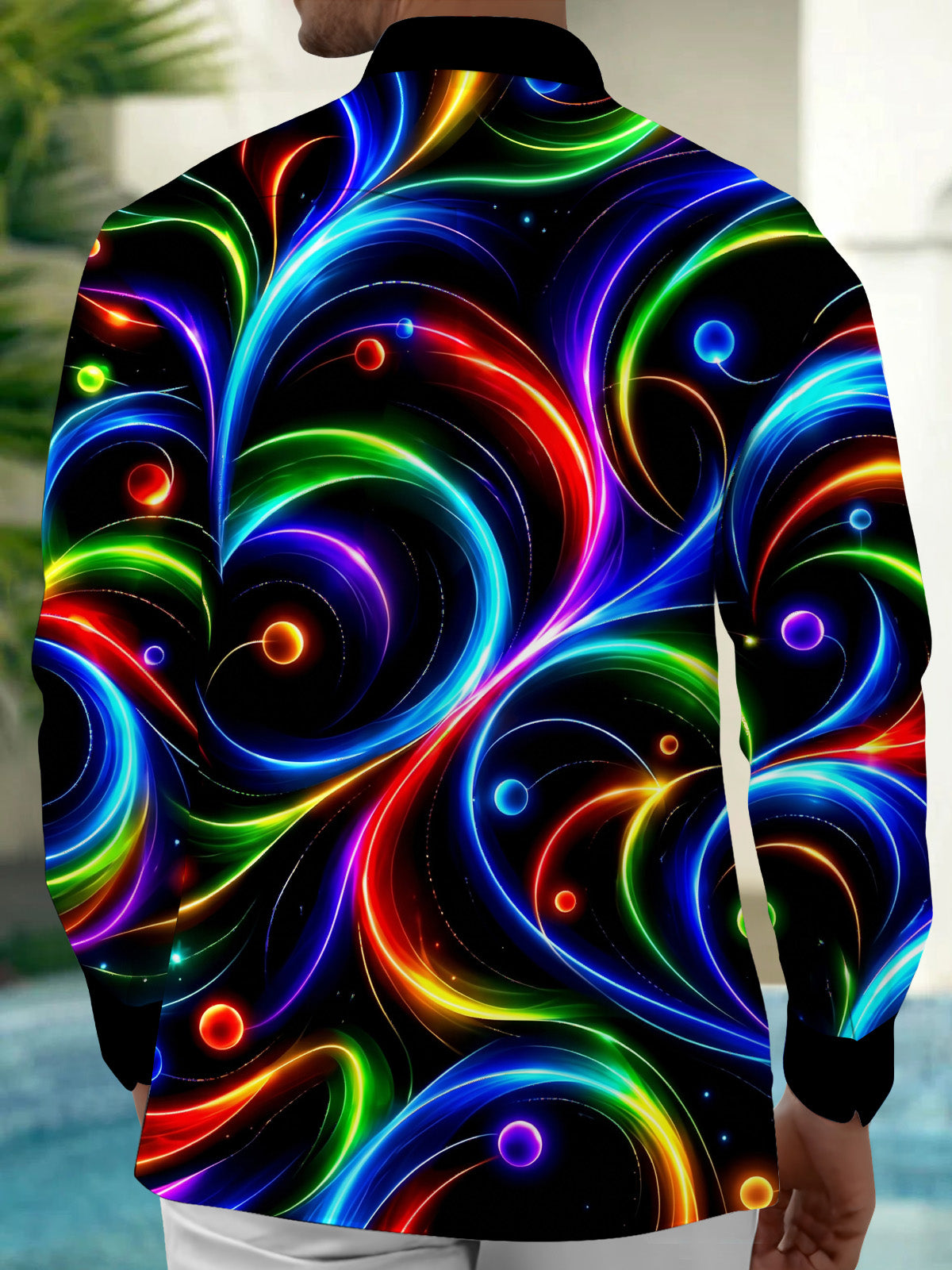 Oceanlyte Men's Printed Neon Abstract Swirls And Circles Print Long Sleeve Shirt with Chest Pocket