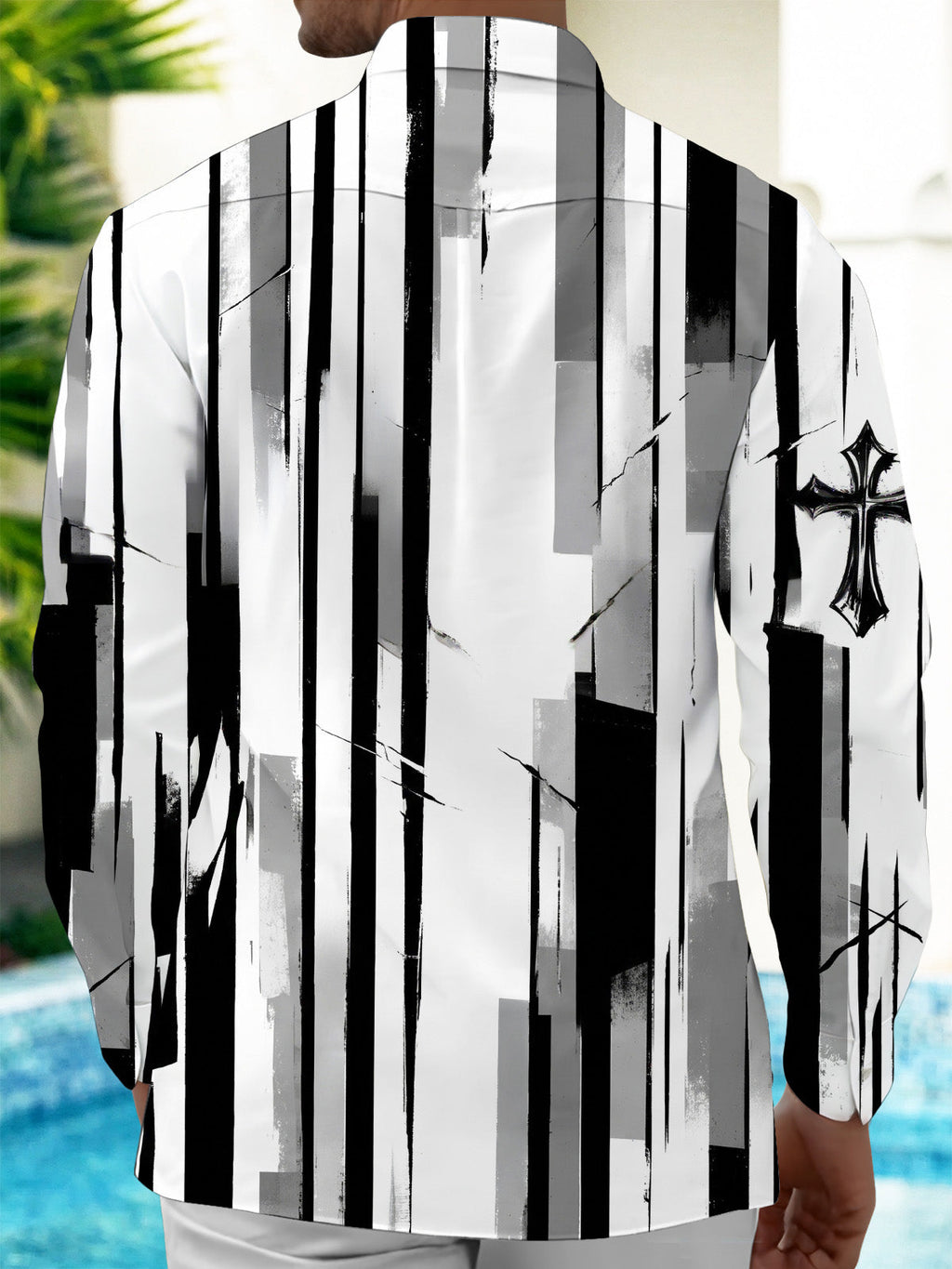Oceanlyte Men's Long Sleeve Shirt - Black And White Striped Pattern With Cross Motifs with Chest Pocket