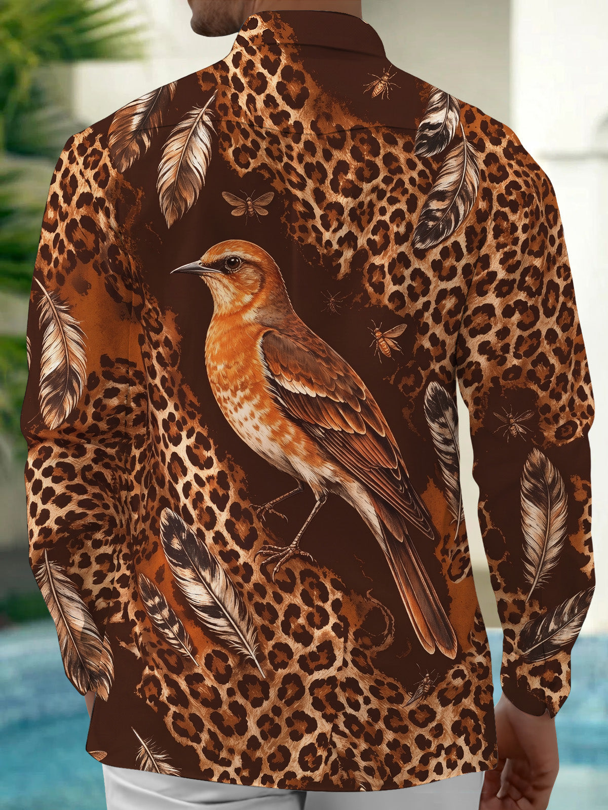 Oceanlyte Men's Printed Bird And Leopard Print Long Sleeve Shirt with Chest Pocket
