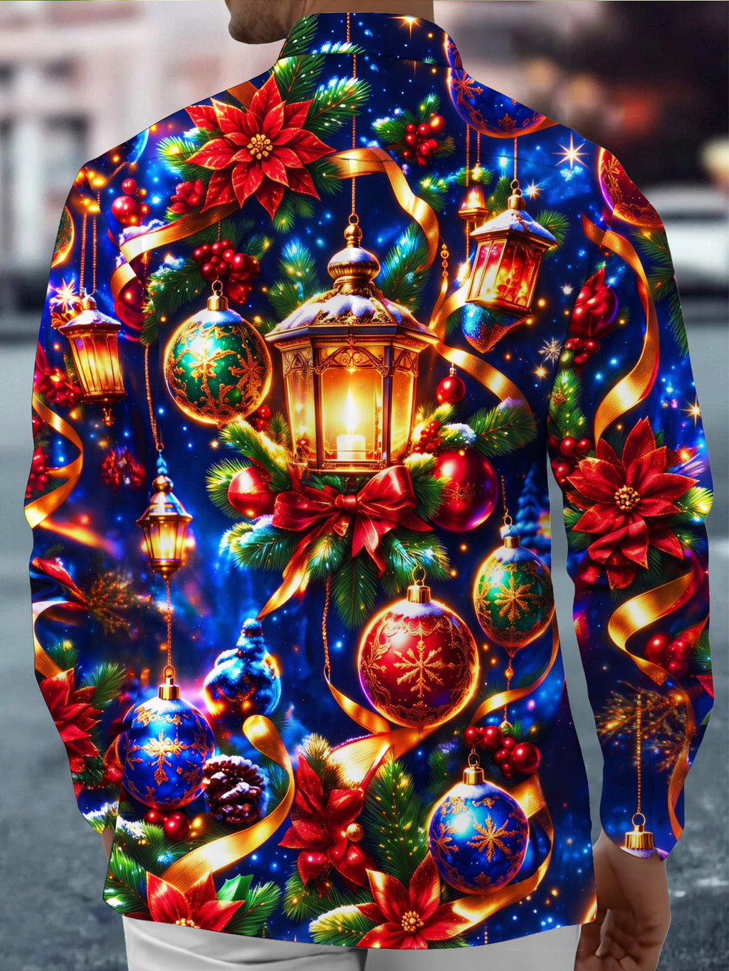Oceanlyte Men's Printed Christmas Lanterns And Ornaments Print Long Sleeve Shirt with Chest Pocket