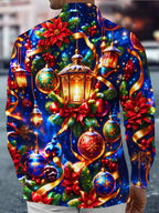 Oceanlyte Men's Printed Christmas Lanterns And Ornaments Print Long Sleeve Shirt with Chest Pocket