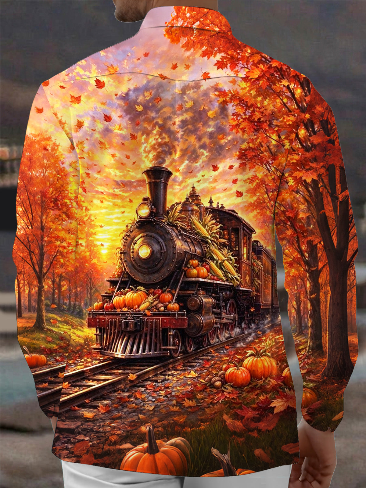 Oceanlyte Men's Long Sleeve Shirt - Thanksgiving Autumn Train With Pumpkins And Corn Print with Chest Pocket