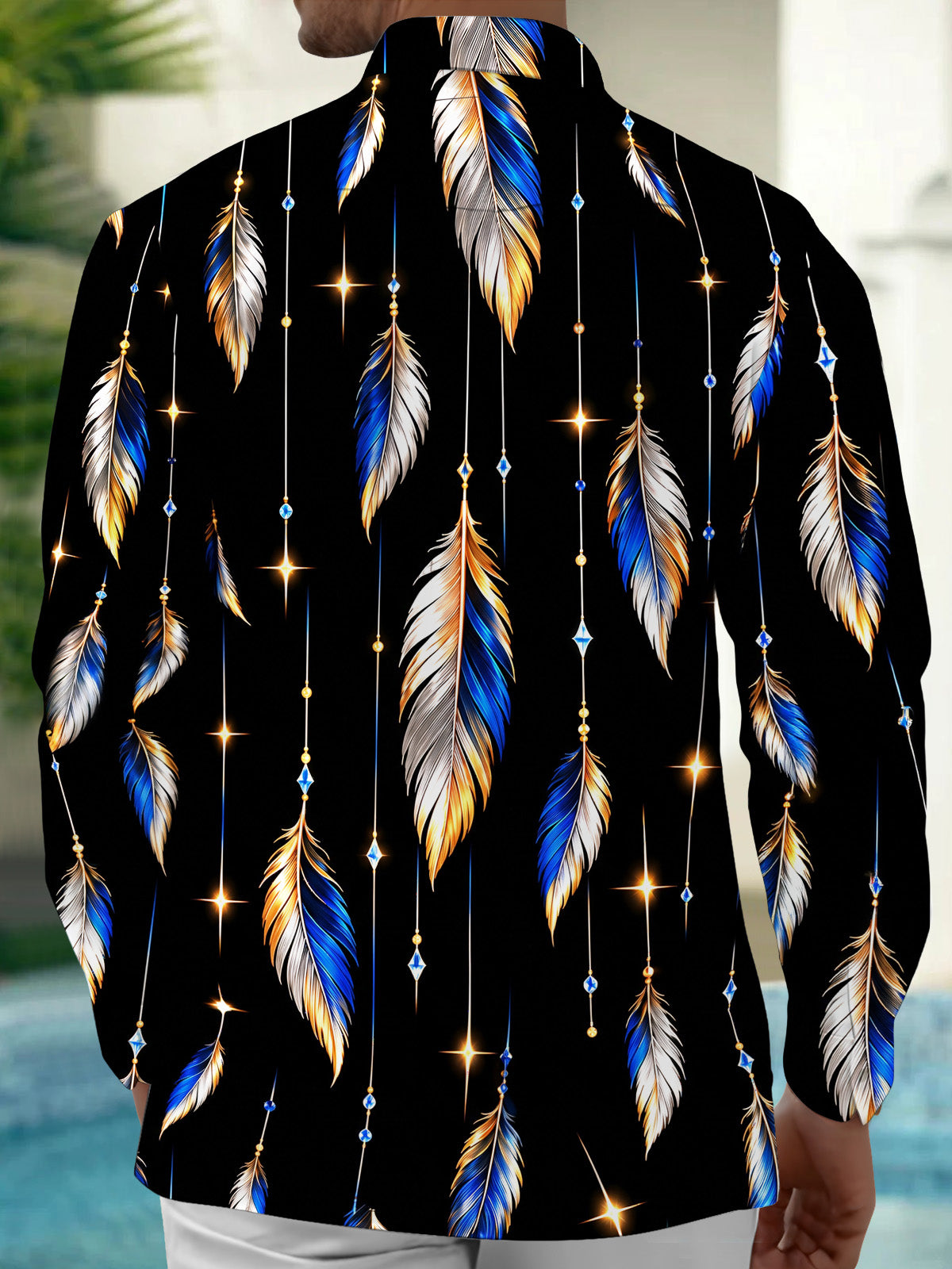 Oceanlyte Men's Printed Feathers And Hanging Crystals Print Long Sleeve Shirt with Chest Pocket