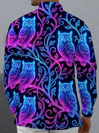 Oceanlyte Men's Graphic Neon Glow Owls On Branches Print Long Sleeve Shirt with Chest Pocket