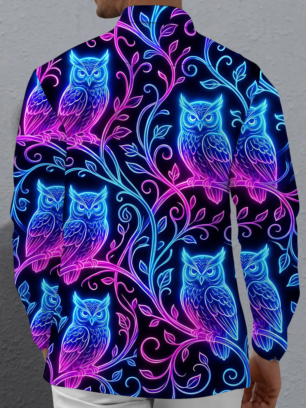 Oceanlyte Men's Graphic Neon Glow Owls On Branches Print Long Sleeve Shirt with Chest Pocket