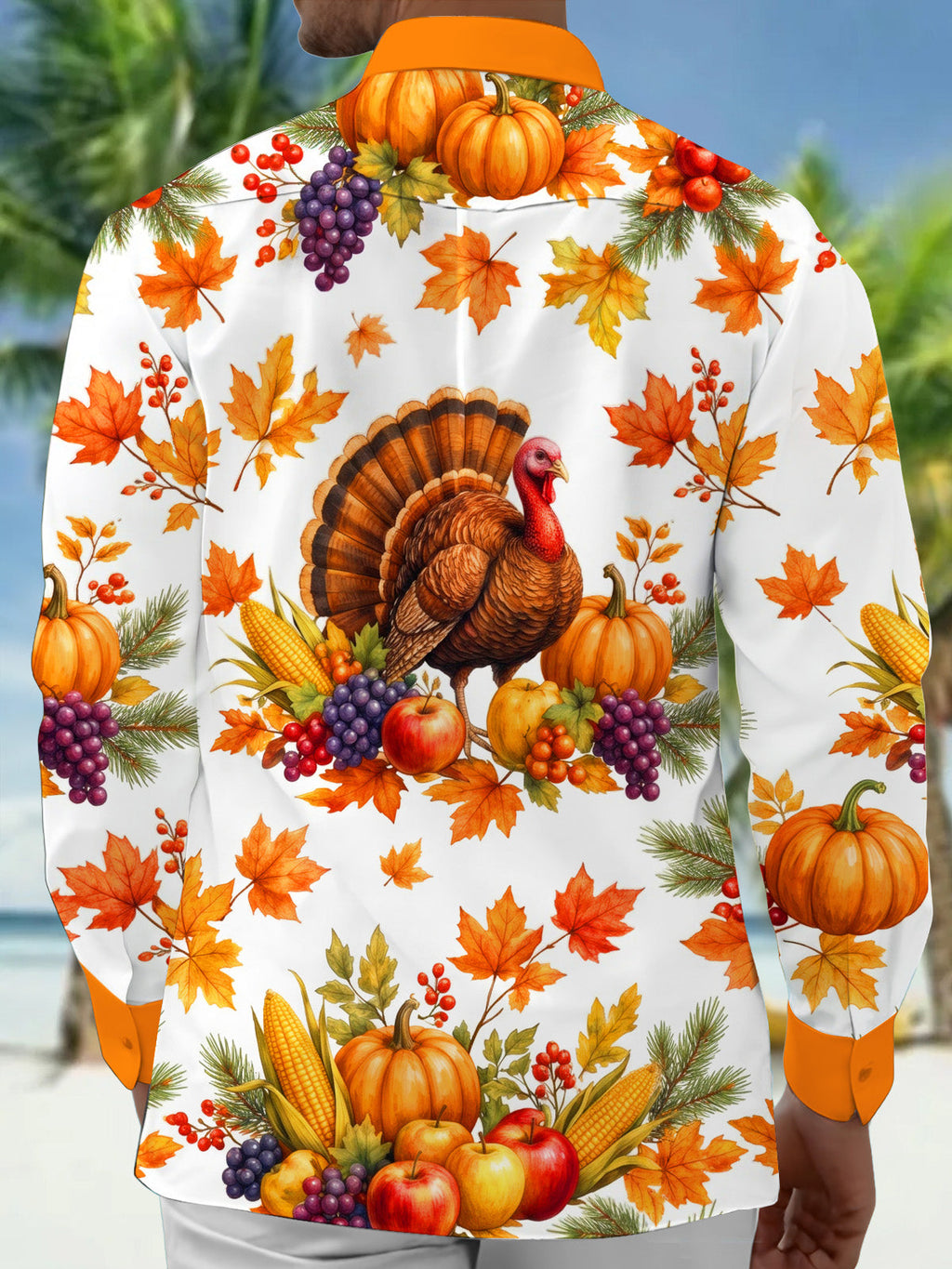 Oceanlyte Men's Thanksgiving Turkey And Harvest Produce Print Long Sleeve Shirt with Chest Pocket