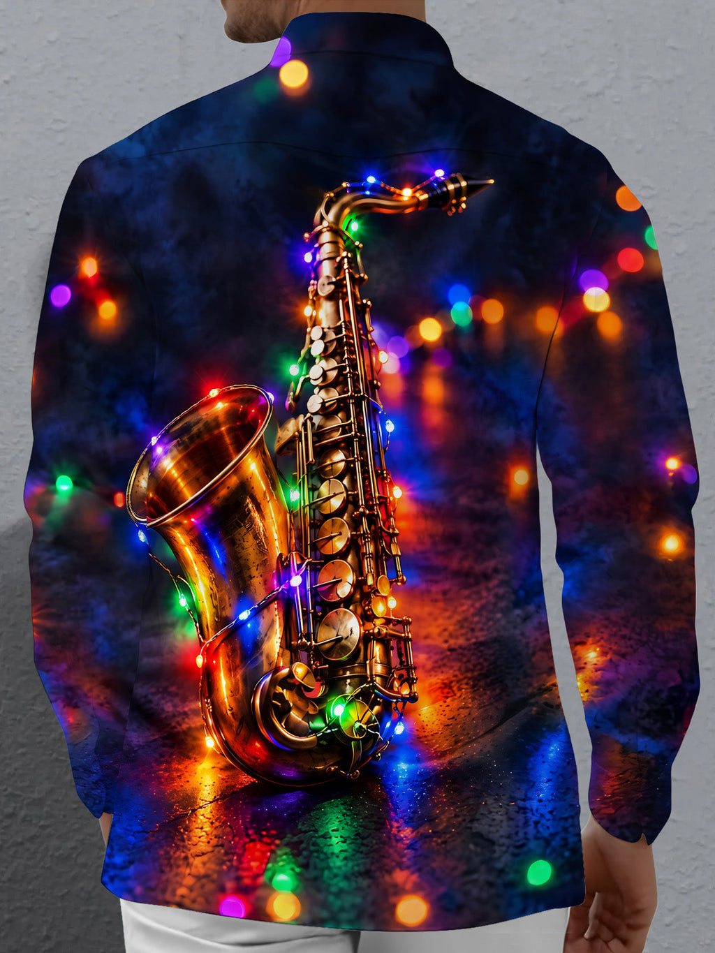 Oceanlyte Men's Saxophone And Christmas Light String Print Long Sleeve Shirt with Chest Pocket