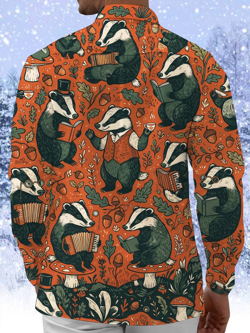 Oceanlyte Men's Long Sleeve Shirt - Vintage Gentleman Badgers With Forest Elements Print with Chest Pocket