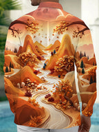 Oceanlyte Men's Long Sleeve Shirt - Autumn Mountain Landscape With Foxes And Trees Print with Chest Pocket