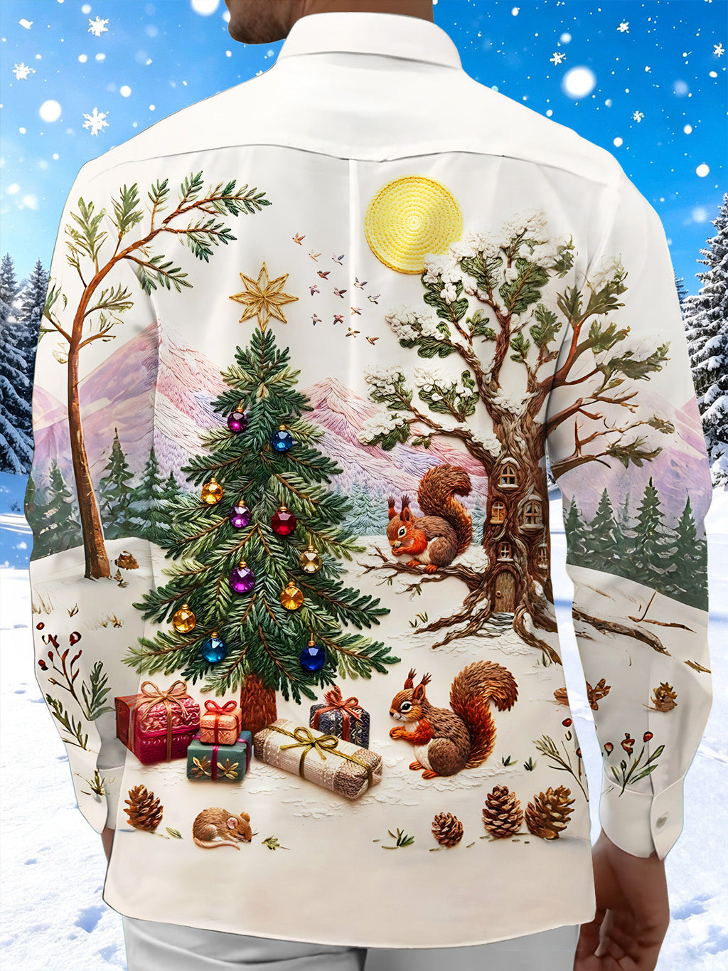 Oceanlyte Men's Long Sleeve Shirt - Christmas Tree And Ornaments With Squirrels Print with Chest Pocket