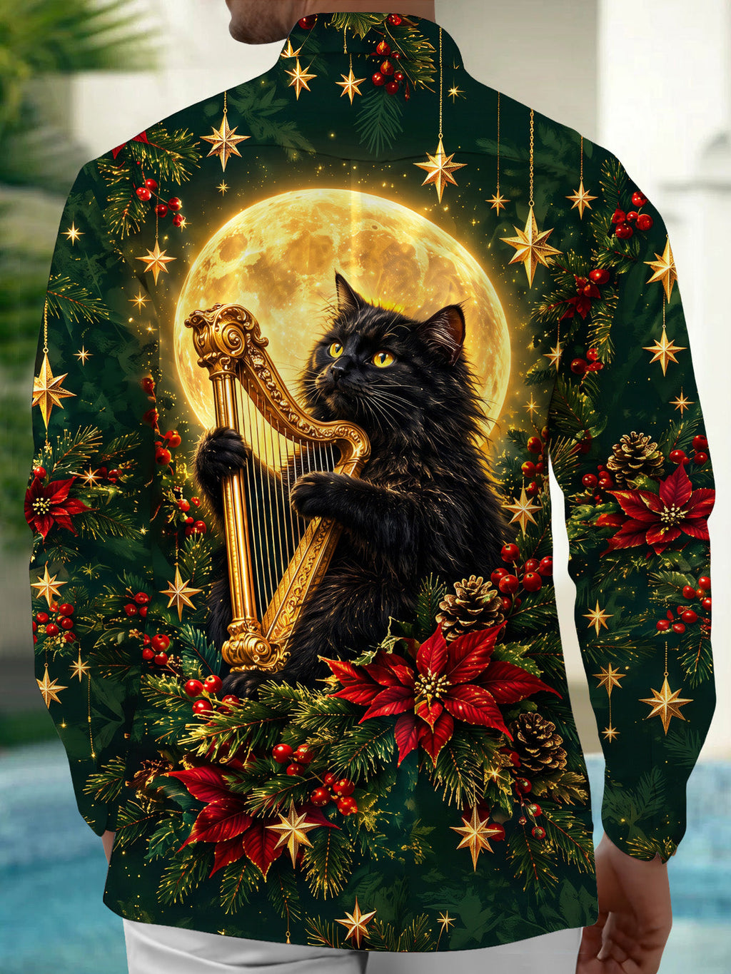 Oceanlyte Men's Long Sleeve Shirt - Black Cat Playing Harp With Christmas Elements Print with Chest Pocket