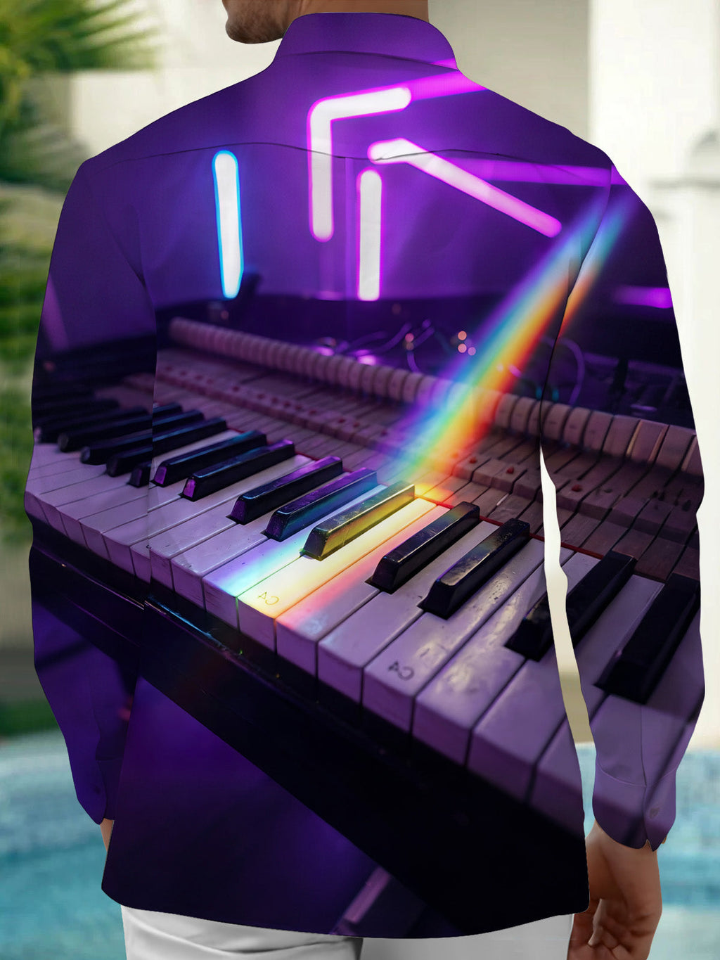 Oceanlyte Men's Long Sleeve Shirt - Neon Piano Keyboard With Rainbow Light Beam Print with Chest Pocket