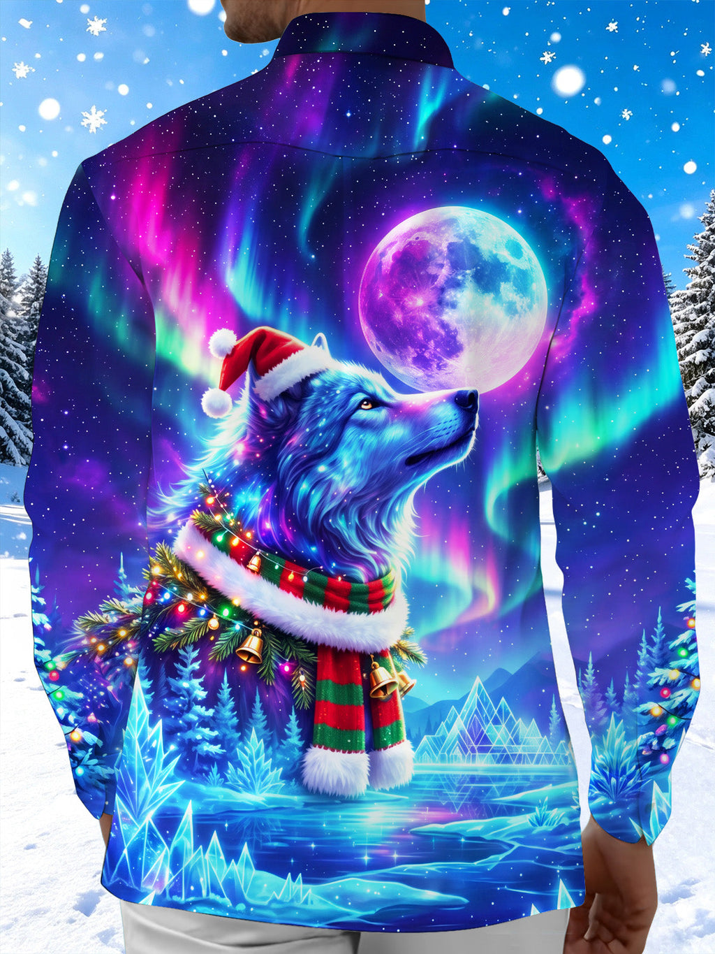 Oceanlyte Men's Wolf With Santa Hat And Christmas Scarf Print Long Sleeve Shirt with Chest Pocket