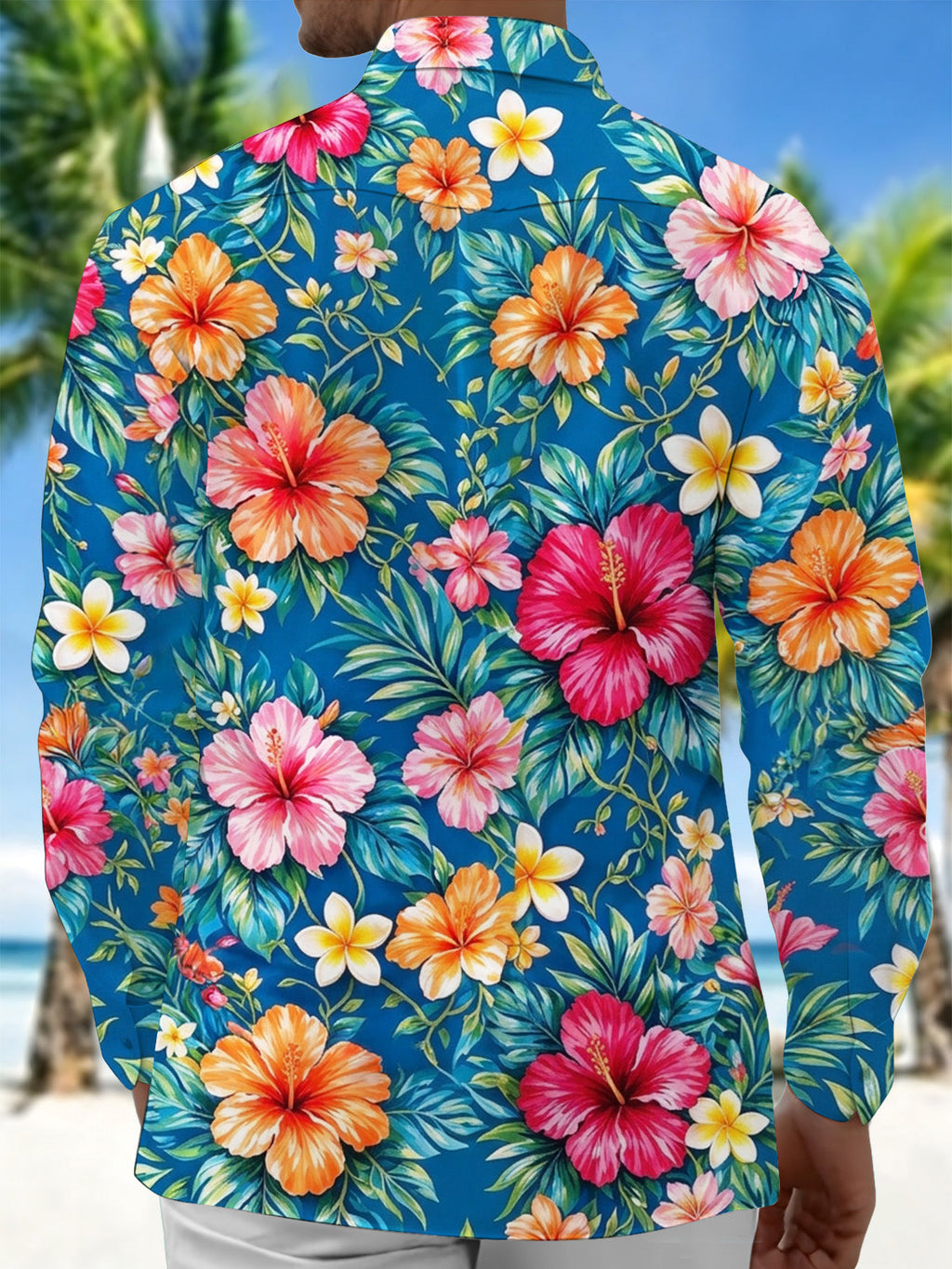 Oceanlyte Men's Tropical Hibiscus And Plumeria Flowers Print Long Sleeve Shirt with Chest Pocket