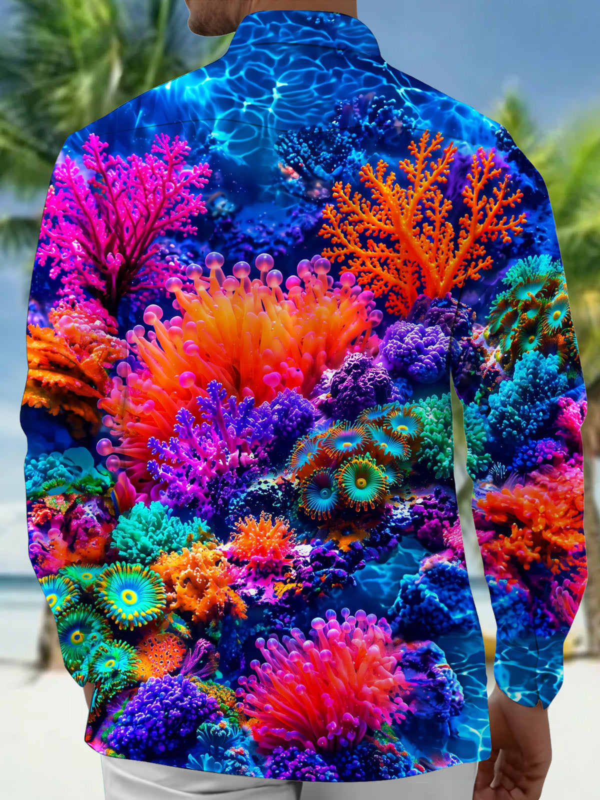 Oceanlyte Men's Coral Reef And Sea Anemones Print Long Sleeve Shirt with Chest Pocket