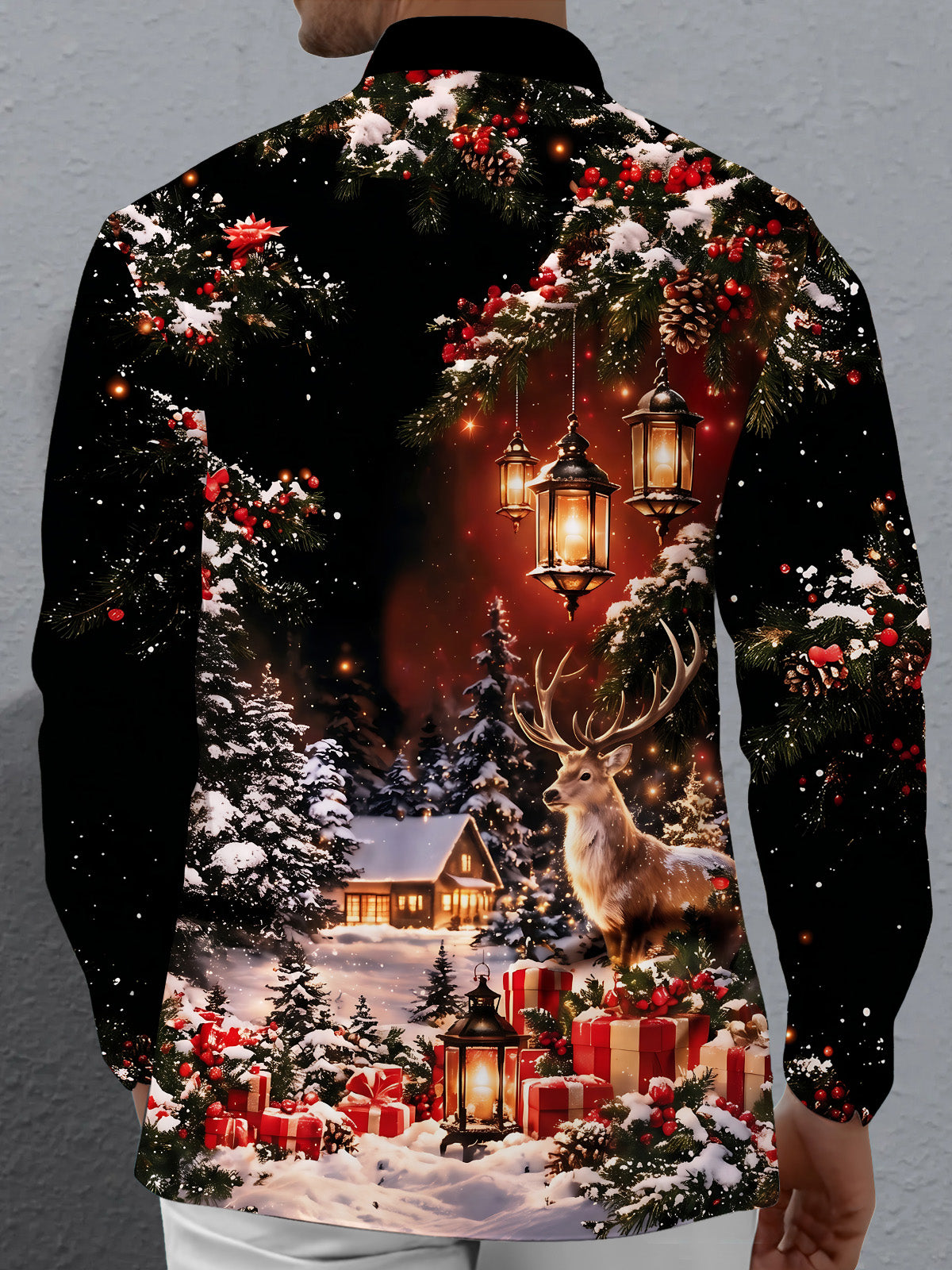 Oceanlyte Men's Long Sleeve Shirt - Christmas Winter Reindeer And Snowy Cabin Scene Print with Chest Pocket