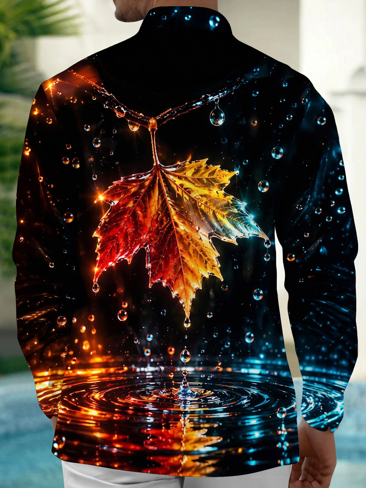 Oceanlyte Men's Printed Maple Leaf And Water Droplets Print Long Sleeve Shirt with Chest Pocket