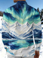 Oceanlyte Men's Aurora Borealis And Snowy Mountains Print Long Sleeve Shirt with Chest Pocket