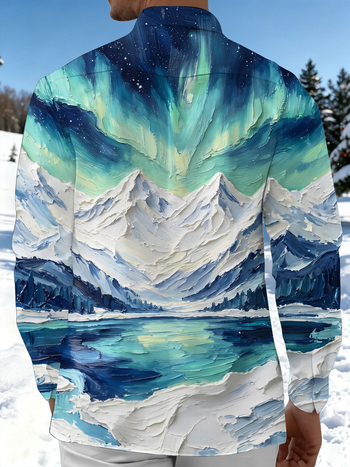 Oceanlyte Men's Aurora Borealis And Snowy Mountains Print Long Sleeve Shirt with Chest Pocket
