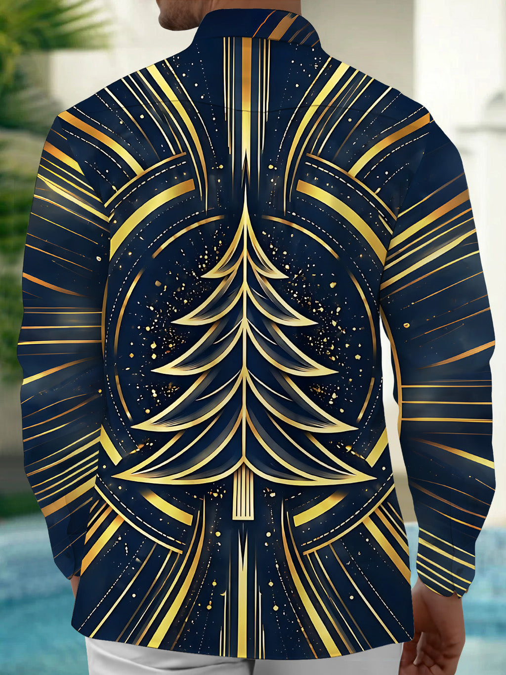 Oceanlyte Men's Christmas Tree And Geometric Lines Print Long Sleeve Shirt with Chest Pocket