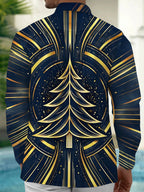 Oceanlyte Men's Christmas Tree And Geometric Lines Print Long Sleeve Shirt with Chest Pocket