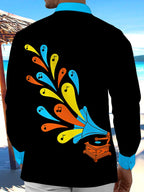 Oceanlyte Men's Vintage Style Gramophone Print Long Sleeve Shirt with Chest Pocket