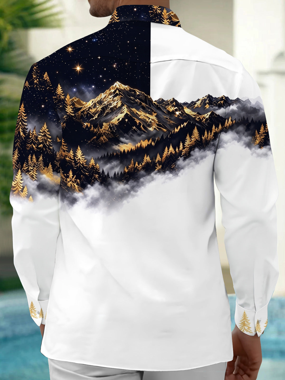 Oceanlyte Men's Printed Starry Sky Mountains And Forest Print Long Sleeve Shirt with Chest Pocket