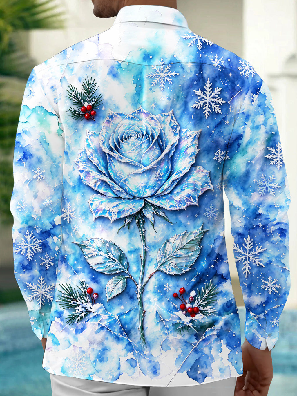 Oceanlyte Men's Long Sleeve Shirt - Blue Rose With Snowflakes And Winter Berries Print with Chest Pocket