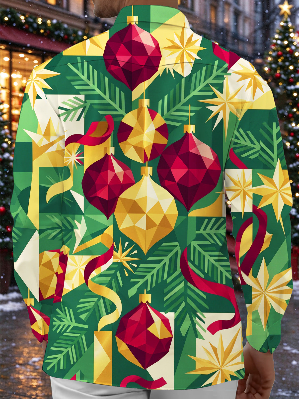 Oceanlyte Men's Long Sleeve Shirt - Geometric Christmas Ornaments And Pine Needles Print with Chest Pocket