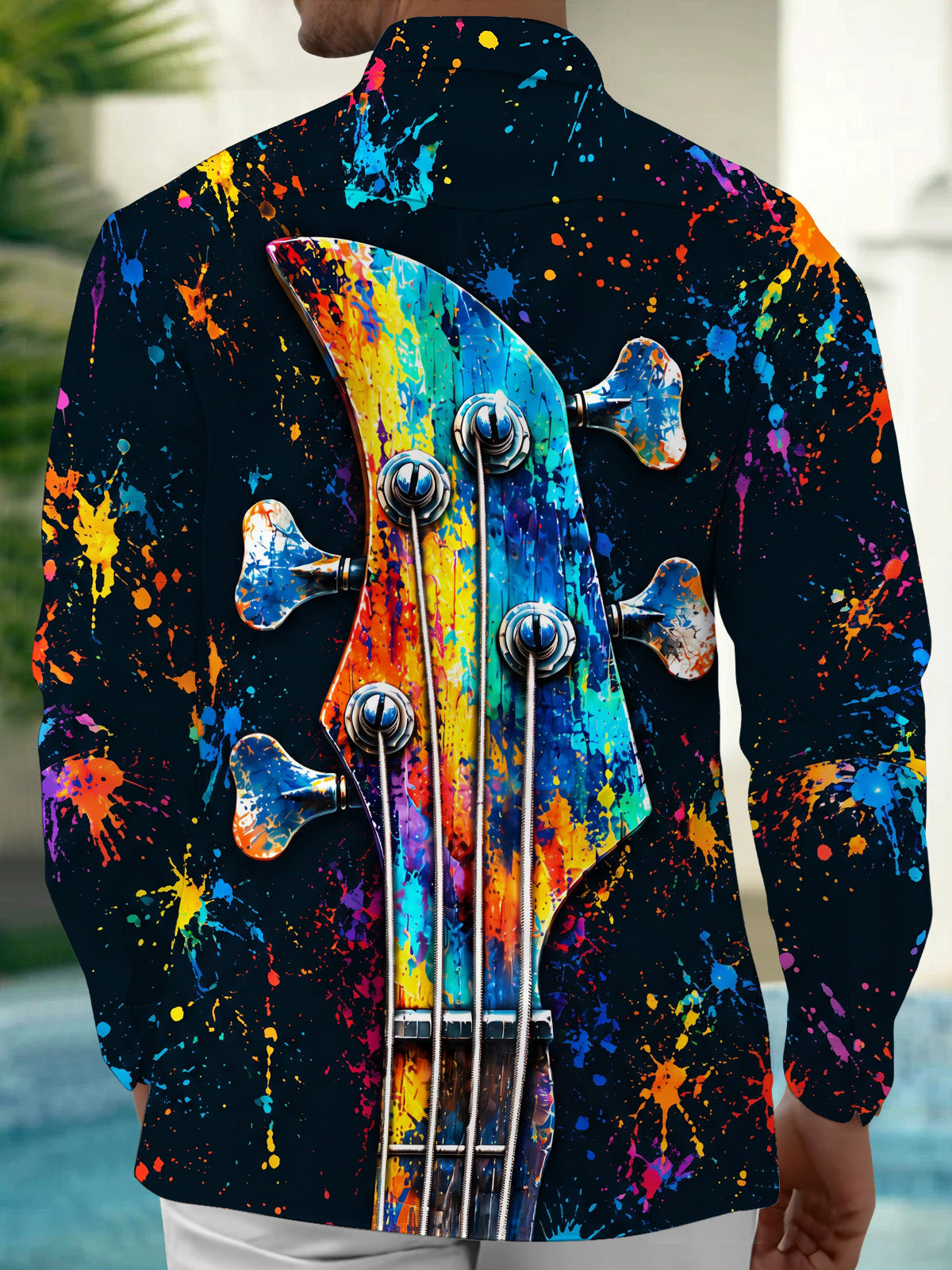 Oceanlyte Men's Long Sleeve Shirt - Bass Guitar Headstock With Paint Splatter Print with Chest Pocket
