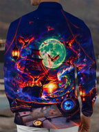 Oceanlyte Men's Long Sleeve Shirt - Ghost Pirate Ship And Bats Under Full Moon Print with Chest Pocket