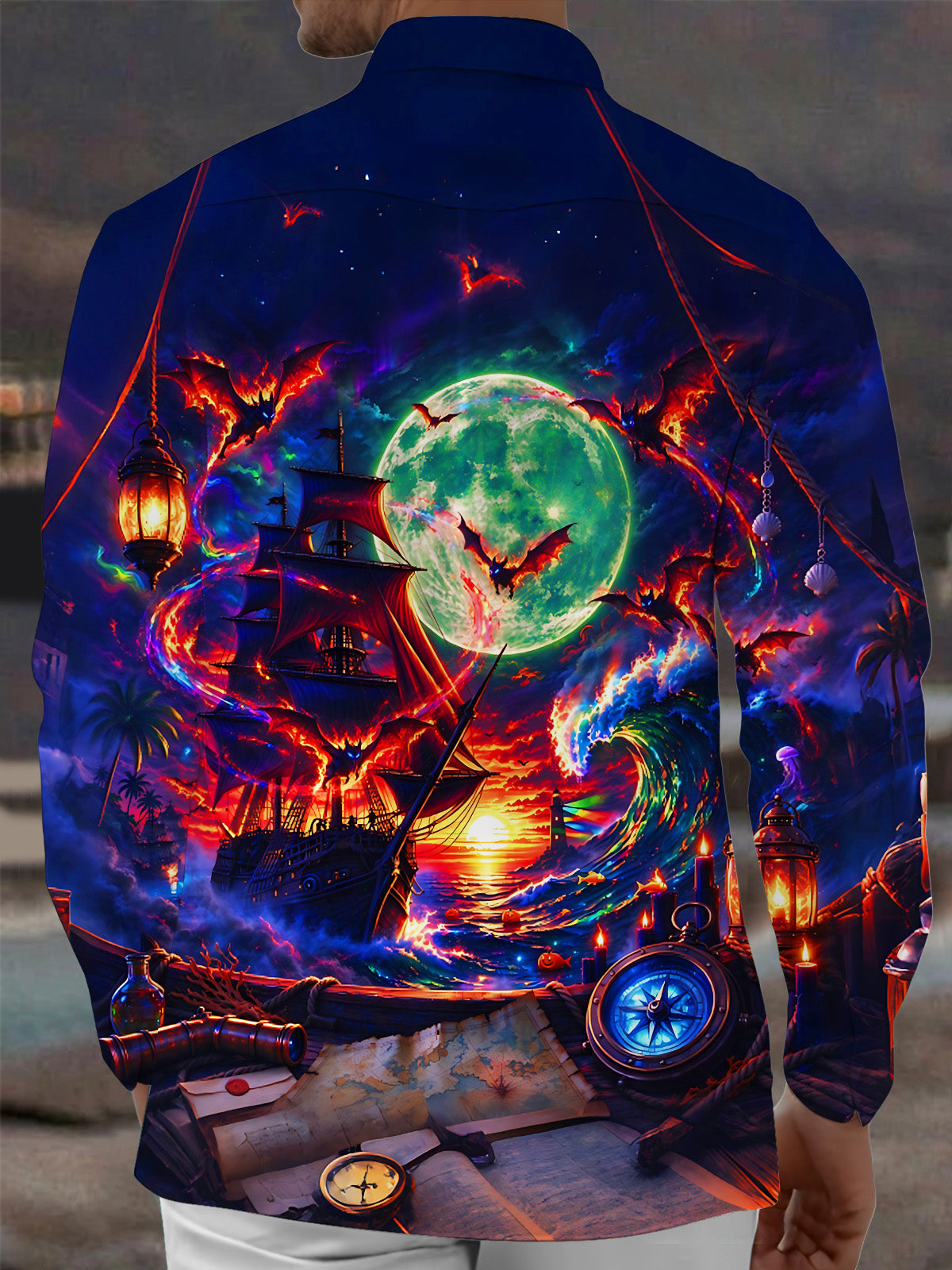 Oceanlyte Men's Long Sleeve Shirt - Ghost Pirate Ship And Bats Under Full Moon Print with Chest Pocket