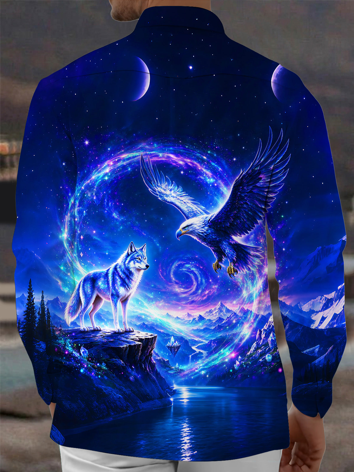 Oceanlyte Men's Graphic Eagle And Wolf In Cosmic Galaxy Print Long Sleeve Shirt with Chest Pocket