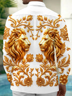 Oceanlyte Men's Golden Lions And Floral Baroque Patterns Print Long Sleeve Shirt with Chest Pocket