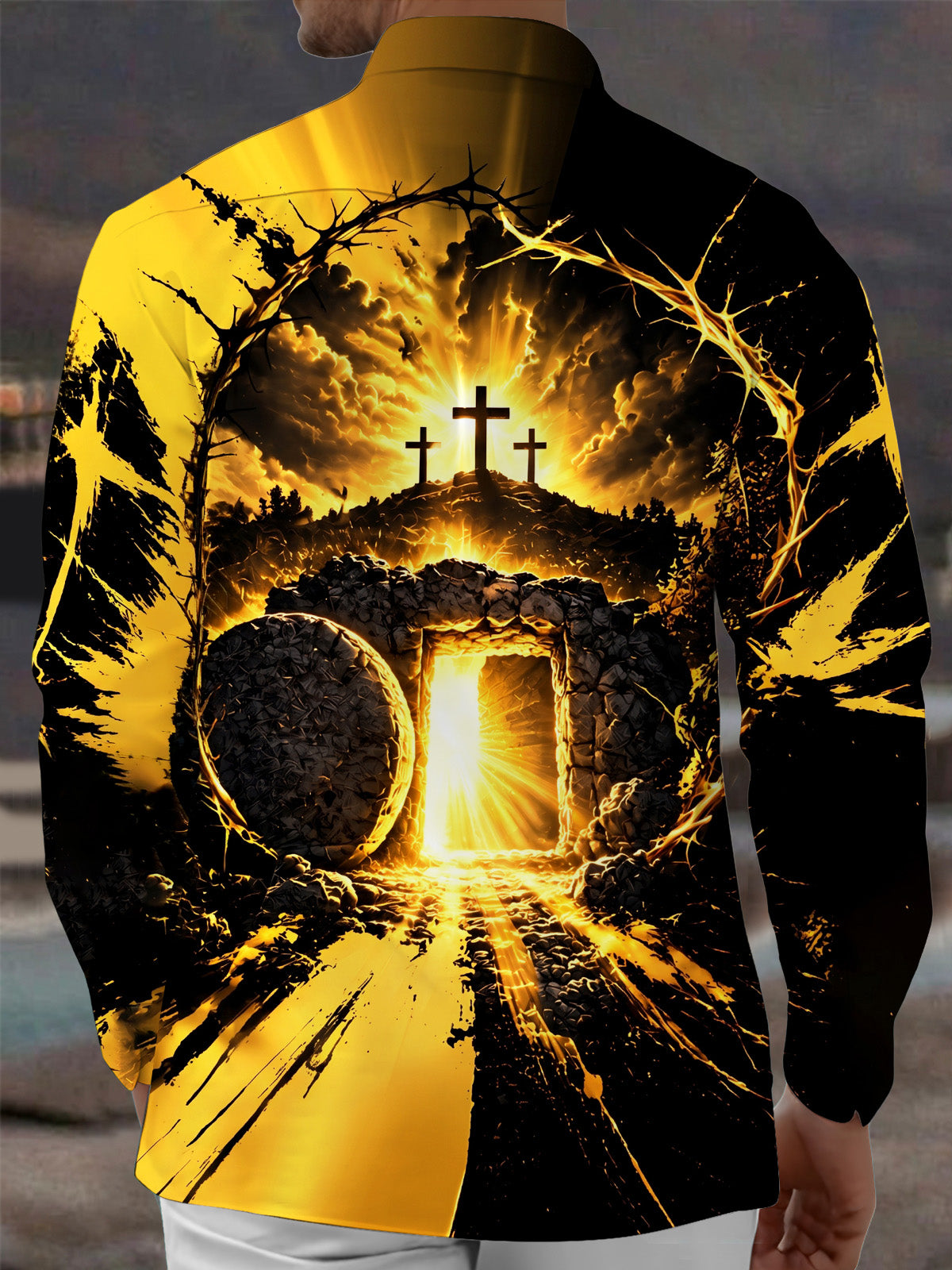 Oceanlyte Men's Long Sleeve Shirt - Easter Resurrection Scene With Three Crosses And Open Tomb Print with Chest Pocket