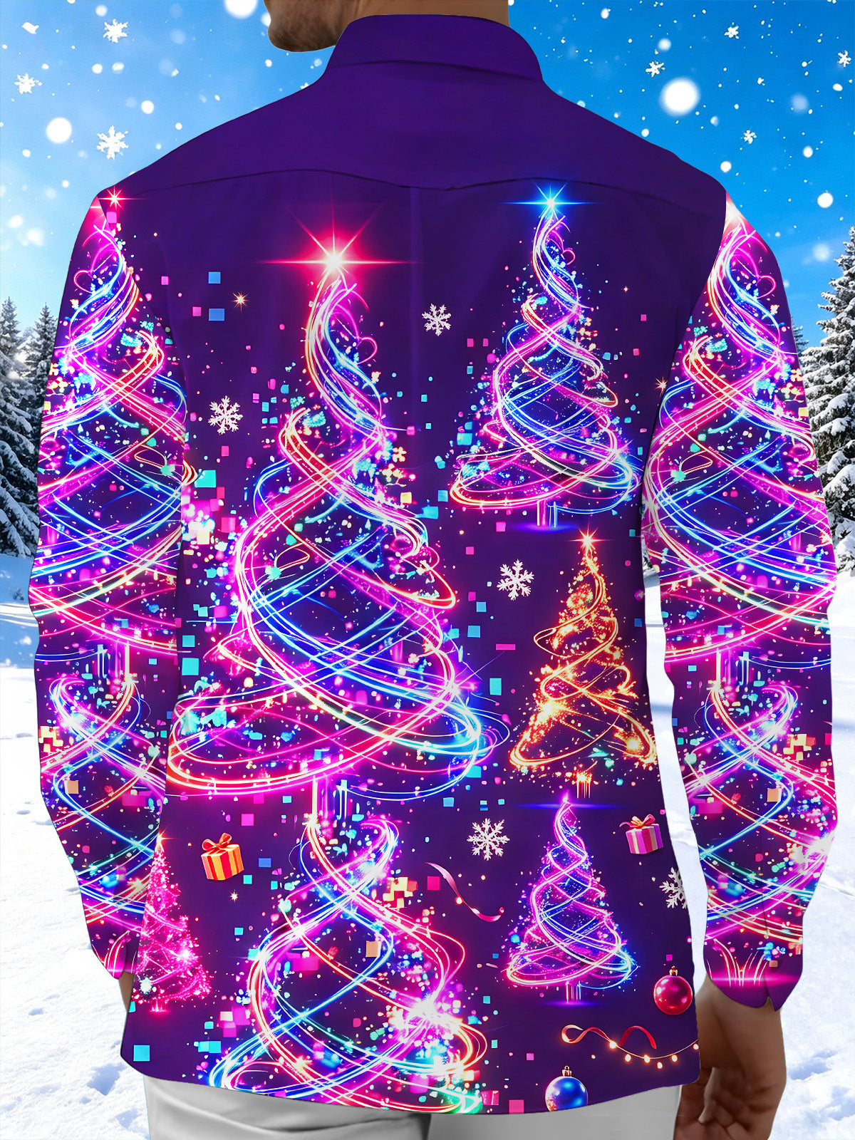 Oceanlyte Men's Graphic Neon Light Christmas Trees Print Long Sleeve Shirt with Chest Pocket