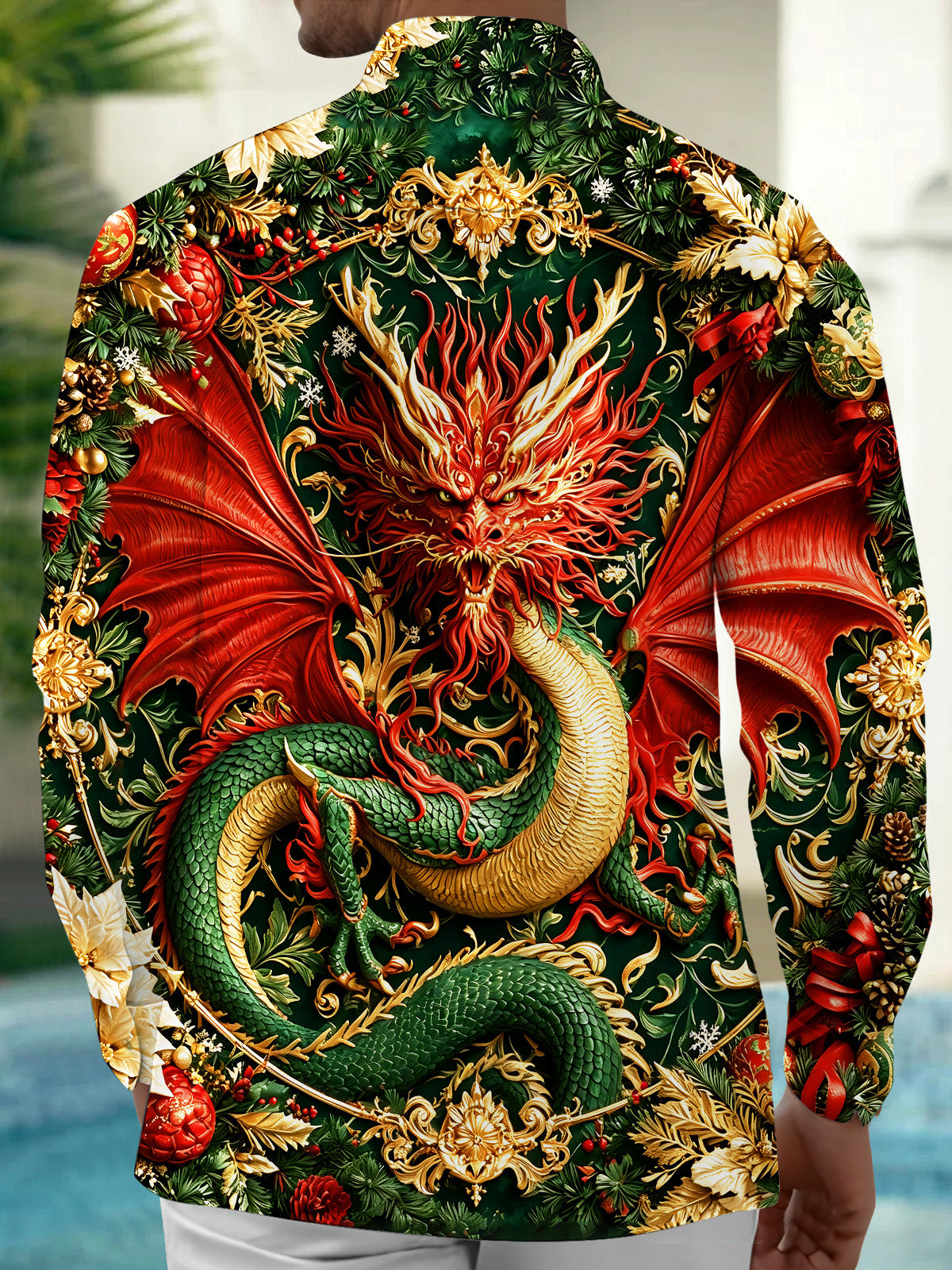 Oceanlyte Men's Oriental Dragon And Christmas Ornaments Print Long Sleeve Shirt with Chest Pocket