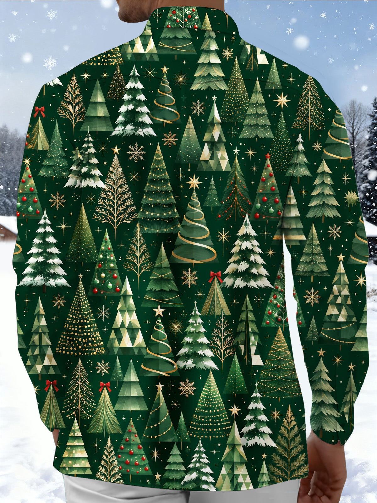 Oceanlyte Men's Printed Christmas Trees And Ornaments Print Long Sleeve Shirt with Chest Pocket