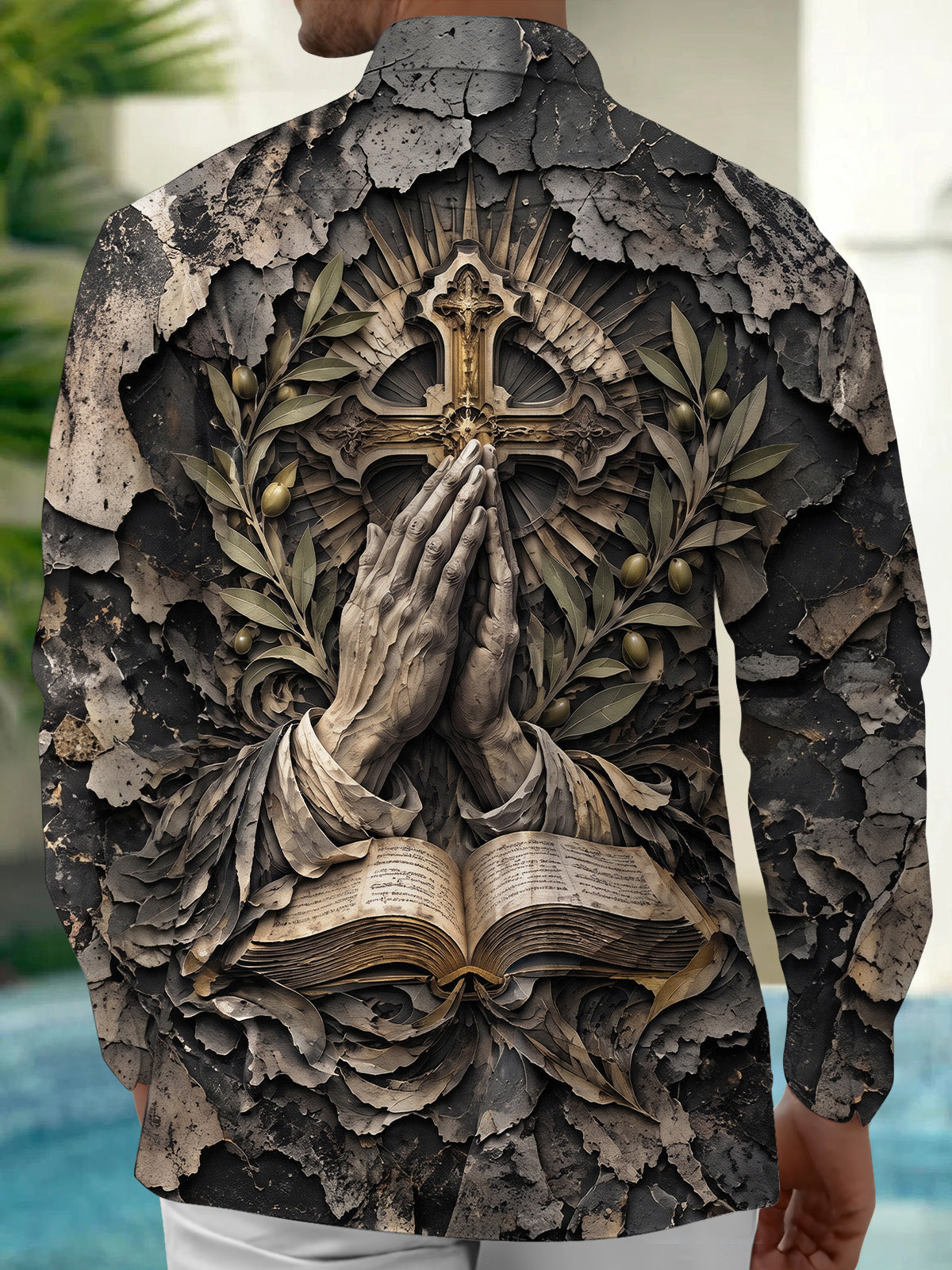 Oceanlyte Men's Long Sleeve Shirt - Praying Hands And Cross With Olive Branches Print with Chest Pocket