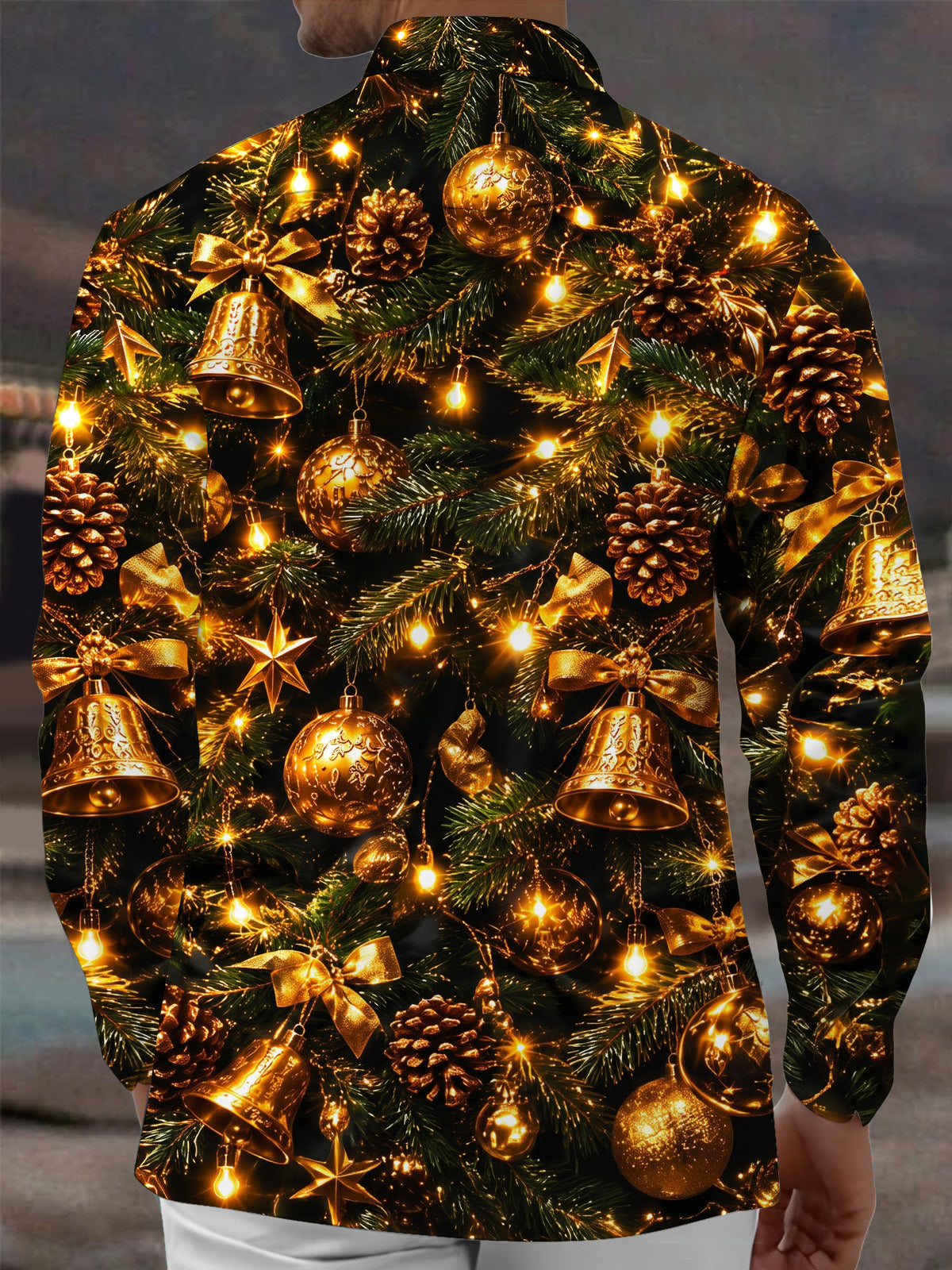 Oceanlyte Men's Christmas Pine Bells And Ornaments Print Long Sleeve Shirt with Chest Pocket