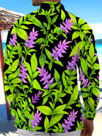 Oceanlyte Men's Hawaiian Purple Flowers Print Long Sleeve Shirt with Chest Pocket