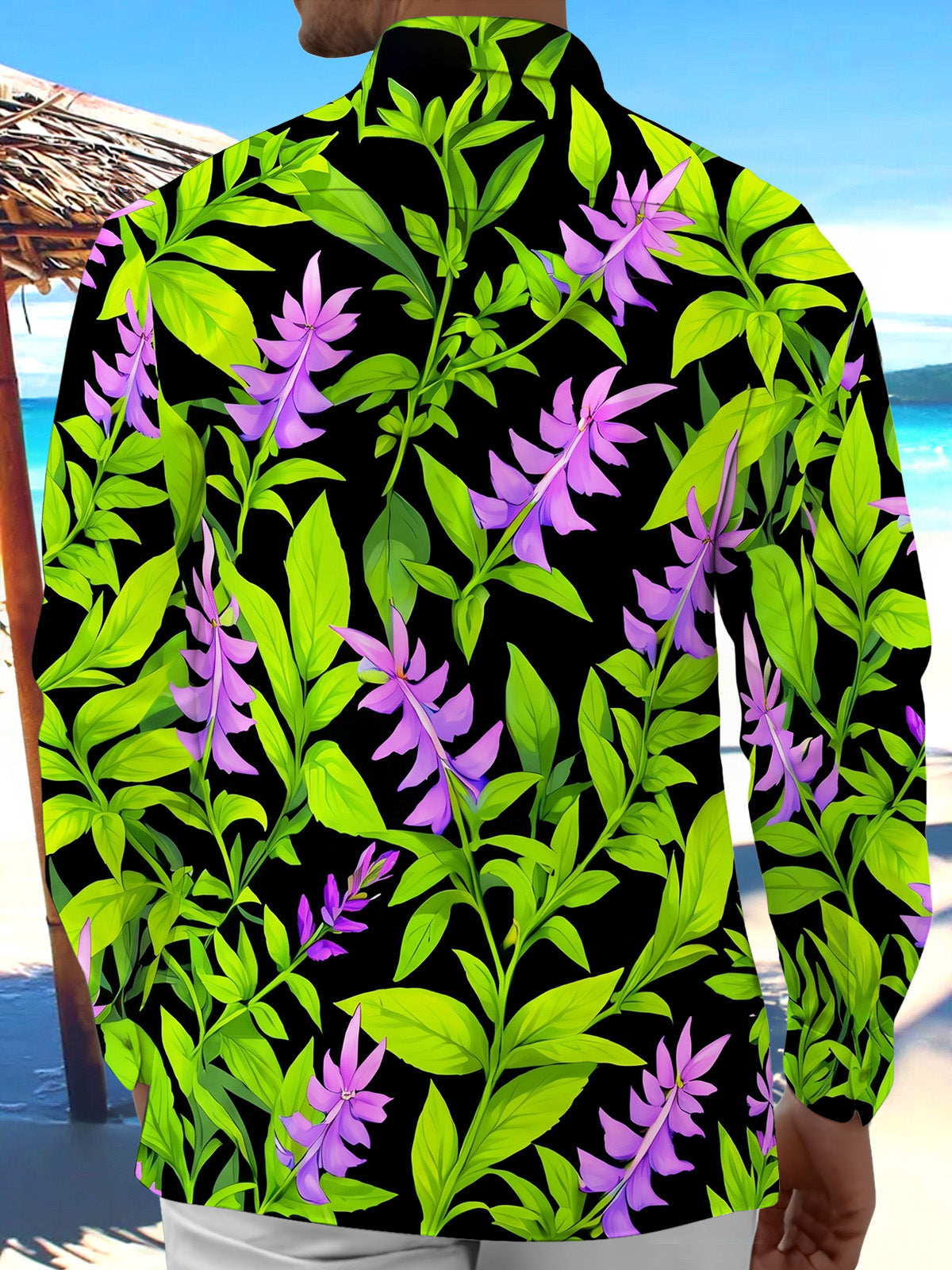 Oceanlyte Men's Hawaiian Purple Flowers Print Long Sleeve Shirt with Chest Pocket