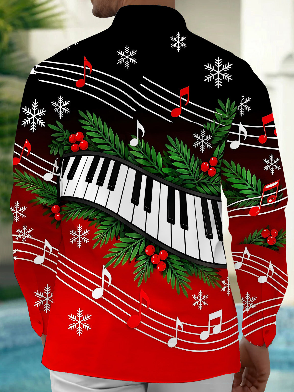 Oceanlyte Men's Long Sleeve Shirt - Christmas Piano Keyboard And Musical Notes Print with Chest Pocket