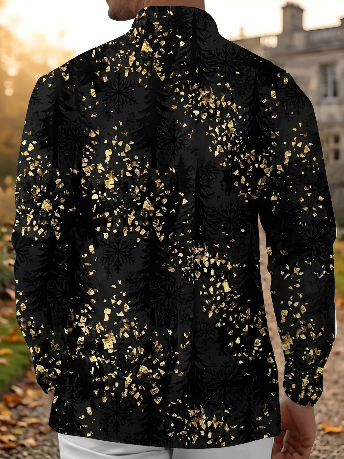 Oceanlyte Men's Printed Gold Snowflake And Gold Flake Pattern Long Sleeve Shirt with Chest Pocket