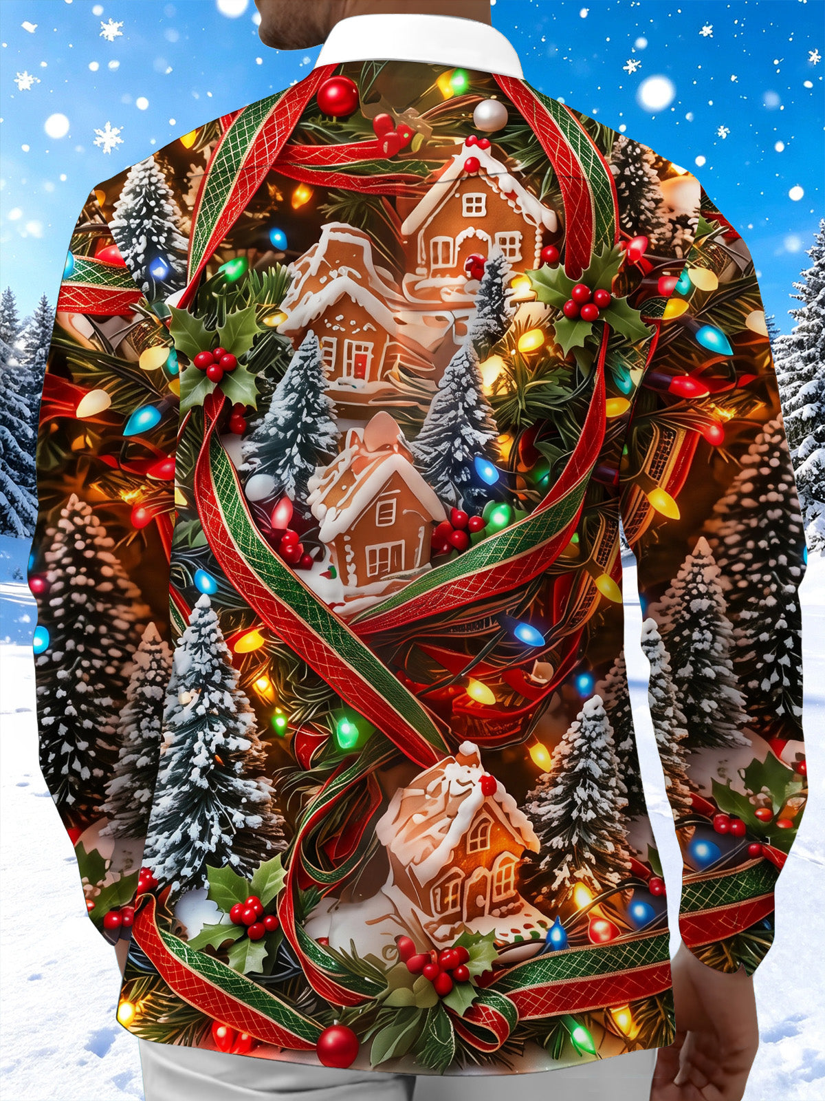 Oceanlyte Men's Gingerbread Houses And Christmas Trees Print Long Sleeve Shirt with Chest Pocket