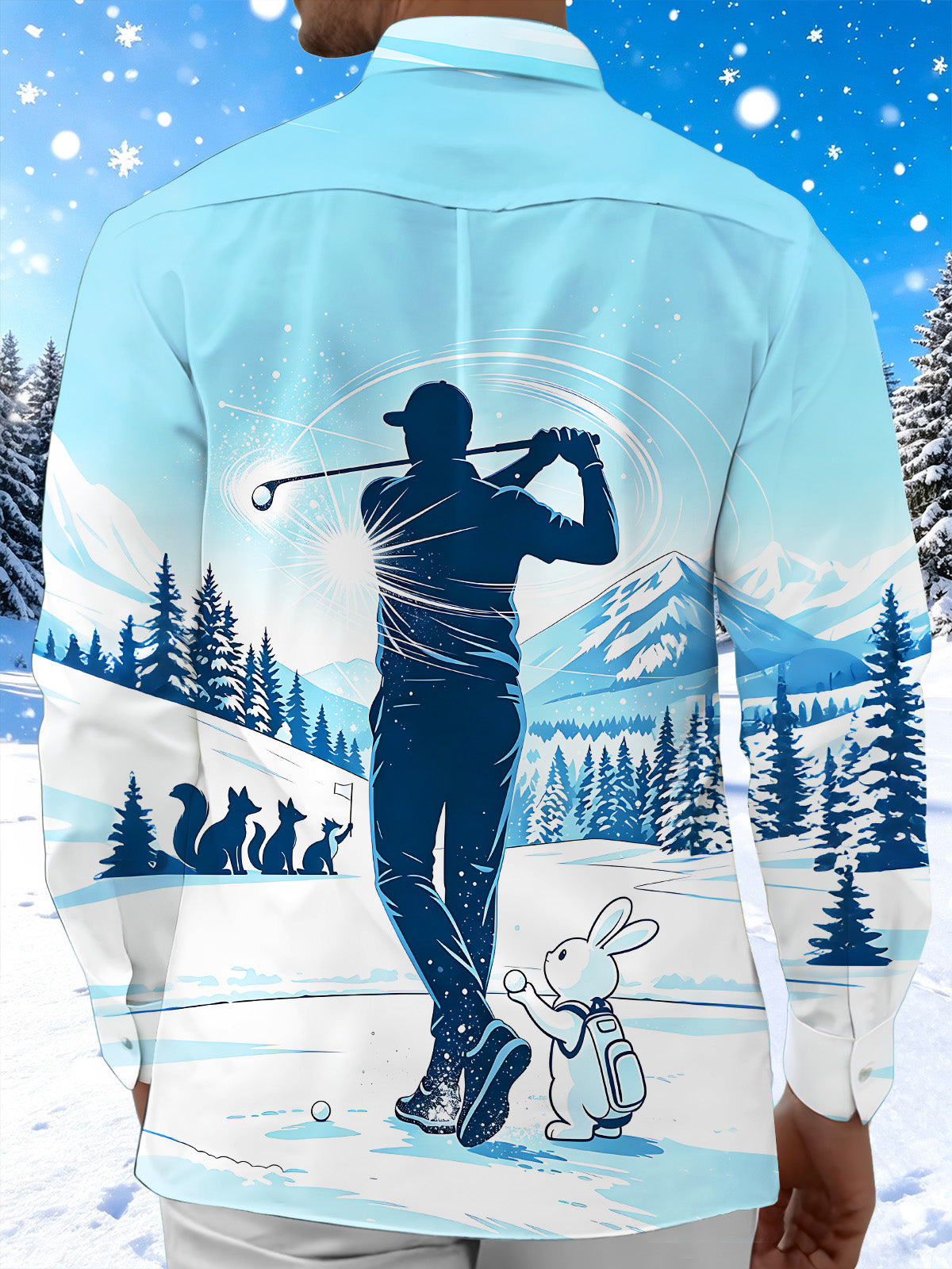 Oceanlyte Men's Long Sleeve Shirt - Golf Player Silhouette And Winter Animals Print with Chest Pocket