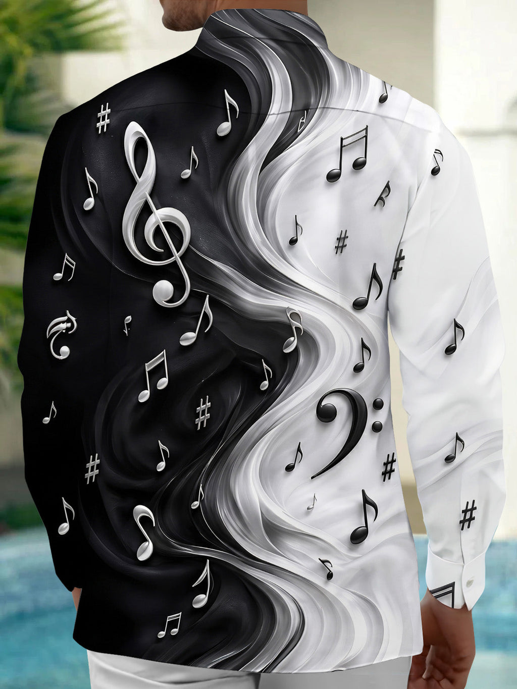 Oceanlyte Men's Graphic Musical Notes And Clefs Print Long Sleeve Shirt with Chest Pocket
