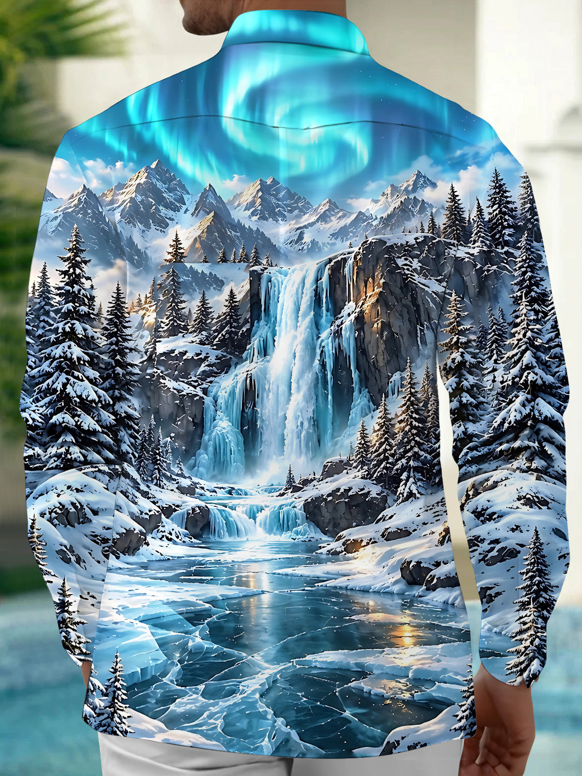Oceanlyte Men's Long Sleeve Shirt - Snowy Mountain Landscape With Ice Waterfall Print with Chest Pocket